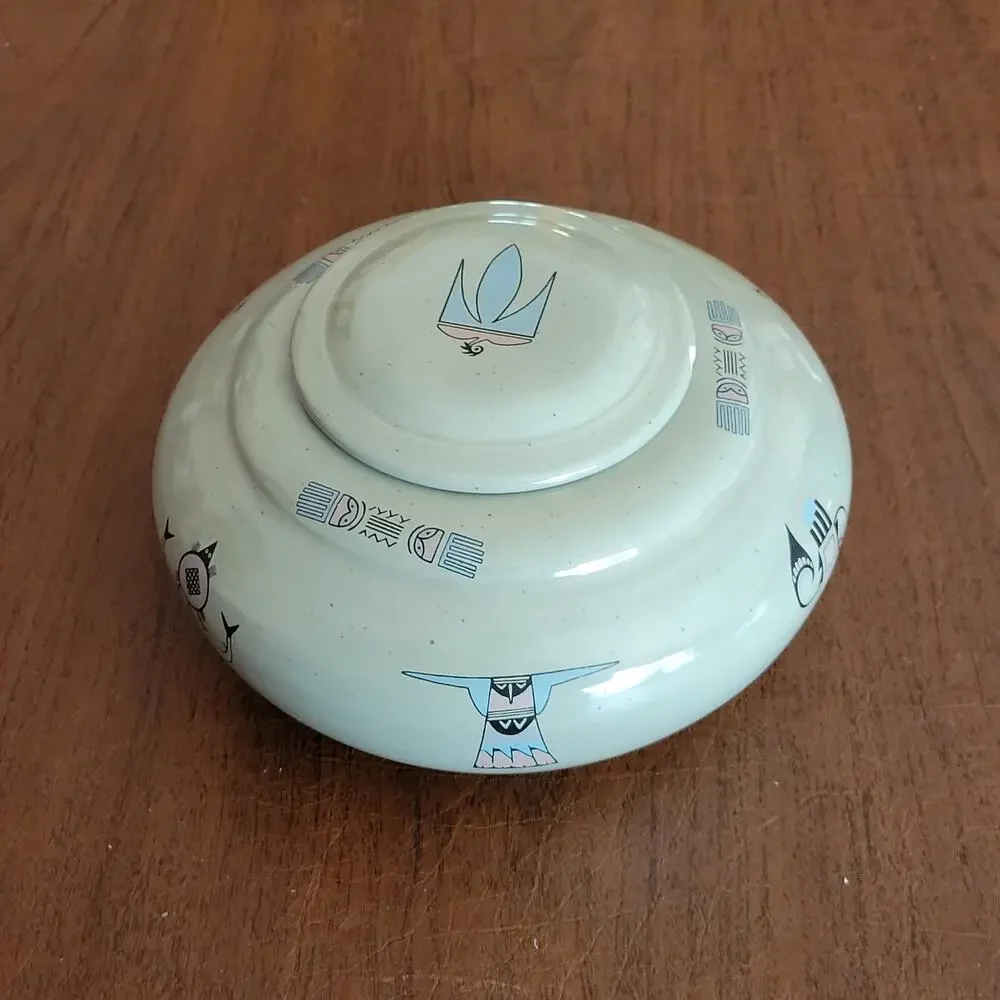 Vintage Native American stoneware pottery lidded bowl 1989